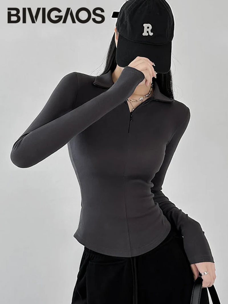2024 New Spring Summer Slim Long-Sleeved T-Shirt Women Black Hottie Cotton Zipper Lapel Polo Collar Top Bottoming Shirt