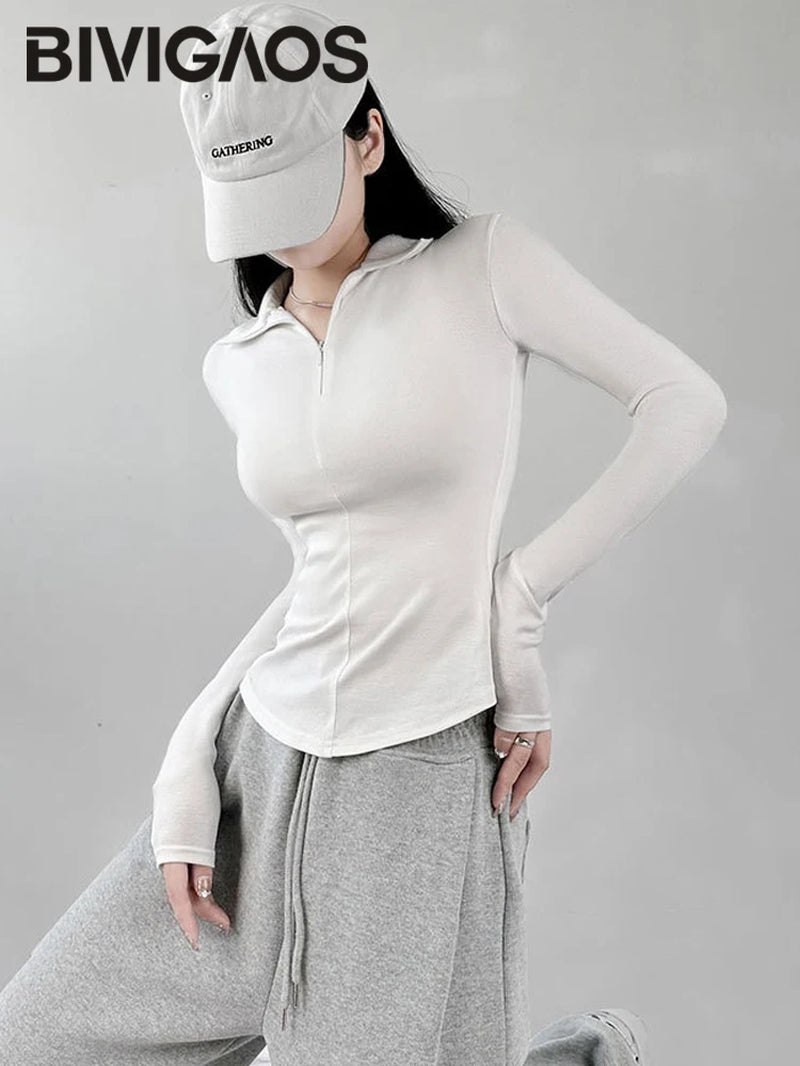 2024 New Spring Summer Slim Long-Sleeved T-Shirt Women Black Hottie Cotton Zipper Lapel Polo Collar Top Bottoming Shirt