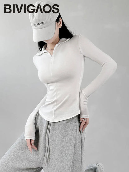 2024 New Spring Summer Slim Long-Sleeved T-Shirt Women Black Hottie Cotton Zipper Lapel Polo Collar Top Bottoming Shirt