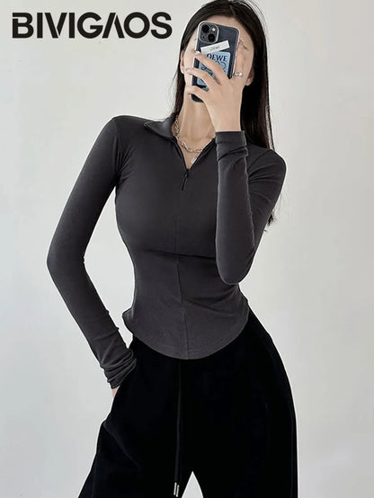 2024 New Spring Summer Slim Long-Sleeved T-Shirt Women Black Hottie Cotton Zipper Lapel Polo Collar Top Bottoming Shirt