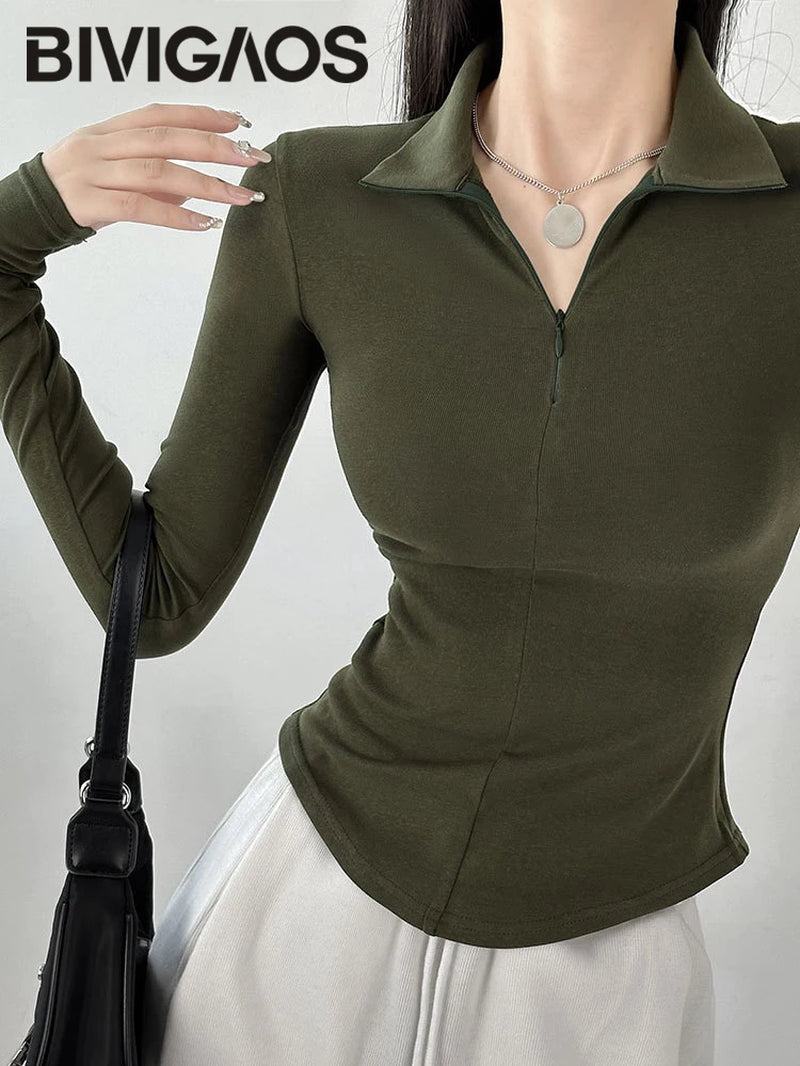 2024 New Spring Summer Slim Long-Sleeved T-Shirt Women Black Hottie Cotton Zipper Lapel Polo Collar Top Bottoming Shirt