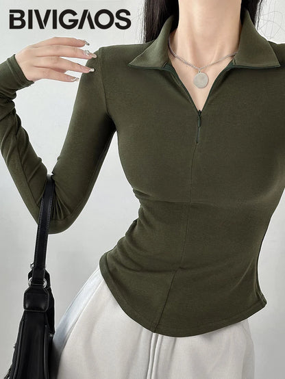 2024 New Spring Summer Slim Long-Sleeved T-Shirt Women Black Hottie Cotton Zipper Lapel Polo Collar Top Bottoming Shirt