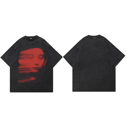 Men Washed Black T-Shirt Harajuku Streetwear Red Face Graphic T Shirt Cotton Vintage Tshirt Hipster Tops Tee Unisex Y2K