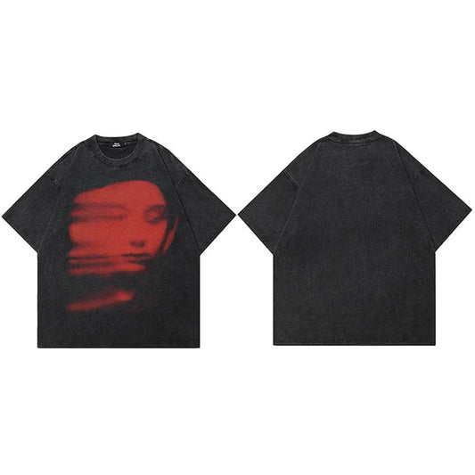 Men Washed Black T-Shirt Harajuku Streetwear Red Face Graphic T Shirt Cotton Vintage Tshirt Hipster Tops Tee Unisex Y2K