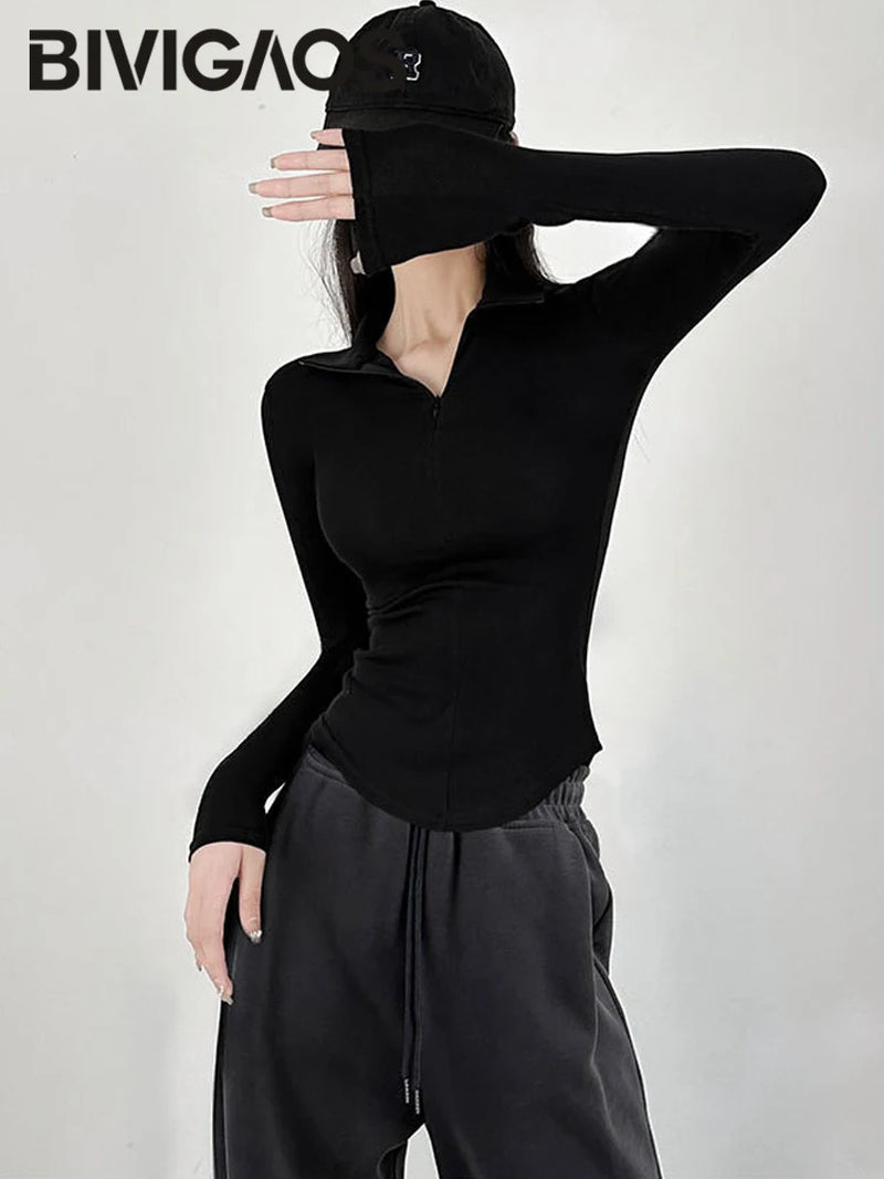 2024 New Spring Summer Slim Long-Sleeved T-Shirt Women Black Hottie Cotton Zipper Lapel Polo Collar Top Bottoming Shirt