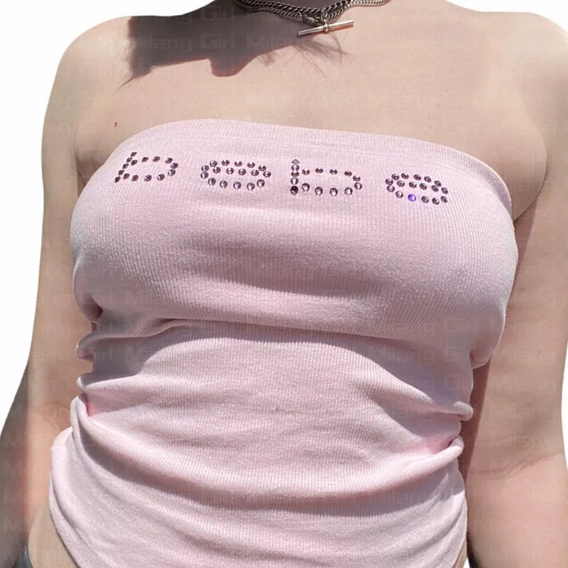Cute Rhinestones Letter Print Vintage Emo Girl Stretch Tube Top Grunge Streetwear Corset Y2K Dress Goth Sexy Sleeveless Tank Top