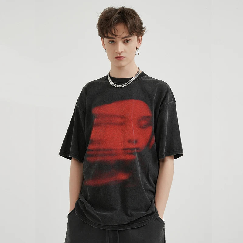 Men Washed Black T-Shirt Harajuku Streetwear Red Face Graphic T Shirt Cotton Vintage Tshirt Hipster Tops Tee Unisex Y2K