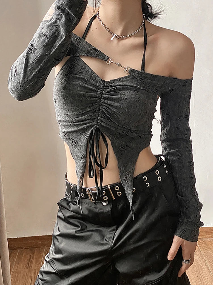 Vintage Mall Gothic Drawstring Women T-Shirts 2 Piece Set Y2K Retro Fairy Grunge Camisole Long Sleeve Buckle Crop Tops