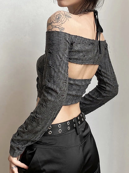 Vintage Mall Gothic Drawstring Women T-Shirts 2 Piece Set Y2K Retro Fairy Grunge Camisole Long Sleeve Buckle Crop Tops