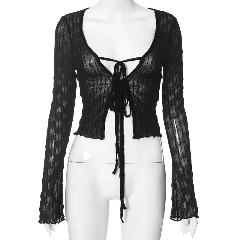 Folds Mall Gothic Lace up Sexy Blouses Grunge Y2K Fairycore Long Sleeve T-Shirts Female Transprent Skinny Fashion Tops