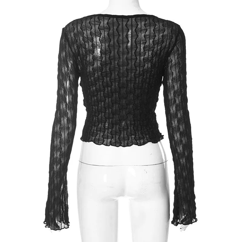 Folds Mall Gothic Lace up Sexy Blouses Grunge Y2K Fairycore Long Sleeve T-Shirts Female Transprent Skinny Fashion Tops