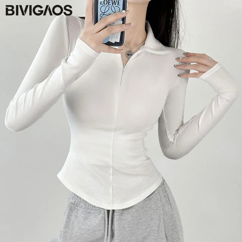 2024 New Spring Summer Slim Long-Sleeved T-Shirt Women Black Hottie Cotton Zipper Lapel Polo Collar Top Bottoming Shirt