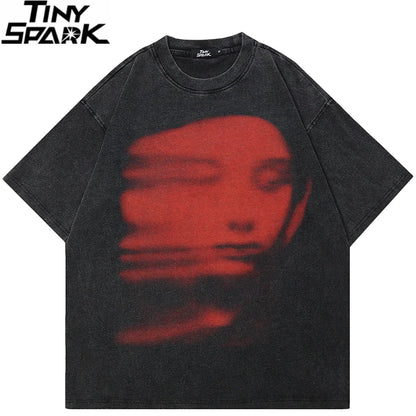 Men Washed Black T-Shirt Harajuku Streetwear Red Face Graphic T Shirt Cotton Vintage Tshirt Hipster Tops Tee Unisex Y2K